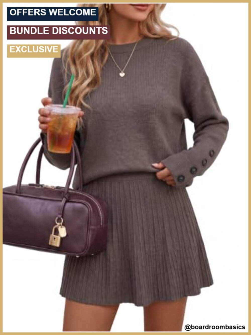 Wool Blend 2 Piece Sweater Skirt Set Long Sleeve Pleated Mini Skirt